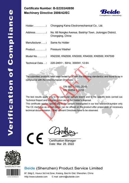 Porcellana Chongqing Kena Electromechanical Co., Ltd. Certificazioni